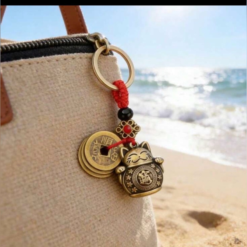 Vintage Copper Lucky Cat Keychain With Five Emperors Coins – Wealth-Feng Shui - Picture 3 of 4